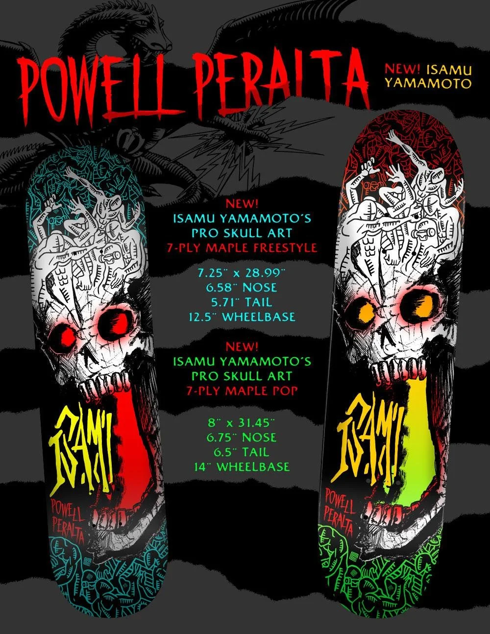 Powell Peralta 7.25 x 29 Isamu Yamamoto Skull Shape FREESTYLE 316